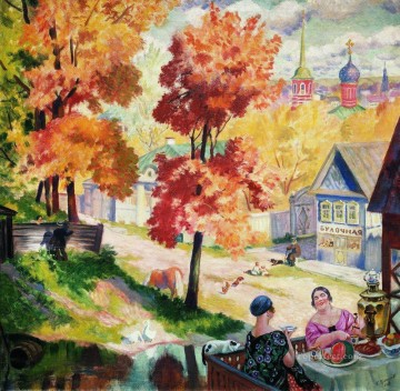 イエス Painting - 地方の秋のティータイム 1926 年 ボリス・ミハイロヴィチ・クストーディエフ